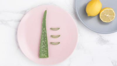 aloe leaf with aloe slices and lemon and sliced lemon on plates